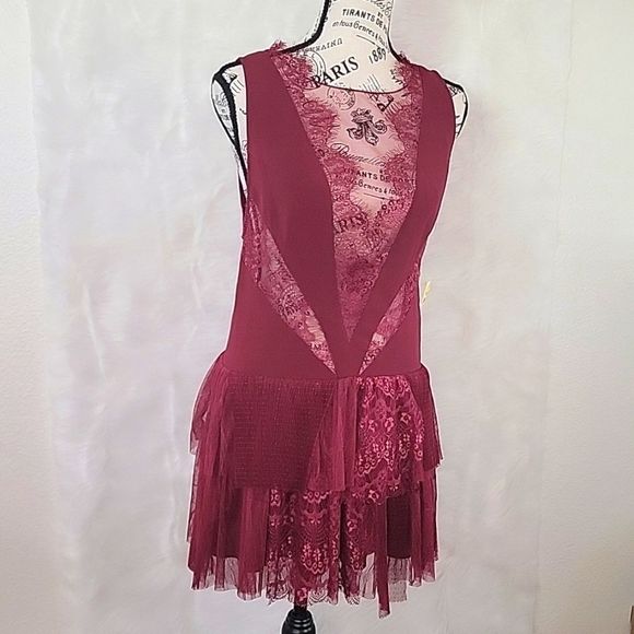 FREE PEOPLE DOVE LACE PANEL CROCHET  DRESS RICH BERRY - Picture 3 of 17